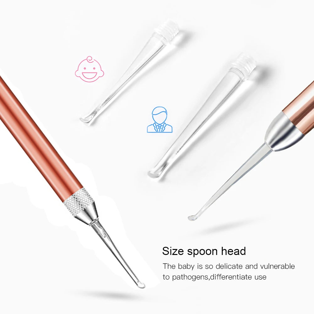 Baby Ear Cleaner Spoon LED Flash Light Ear Wax Curette Picker Visual Children Earpick Eer Wax Dig Remover Nose 2pc siliconespoon