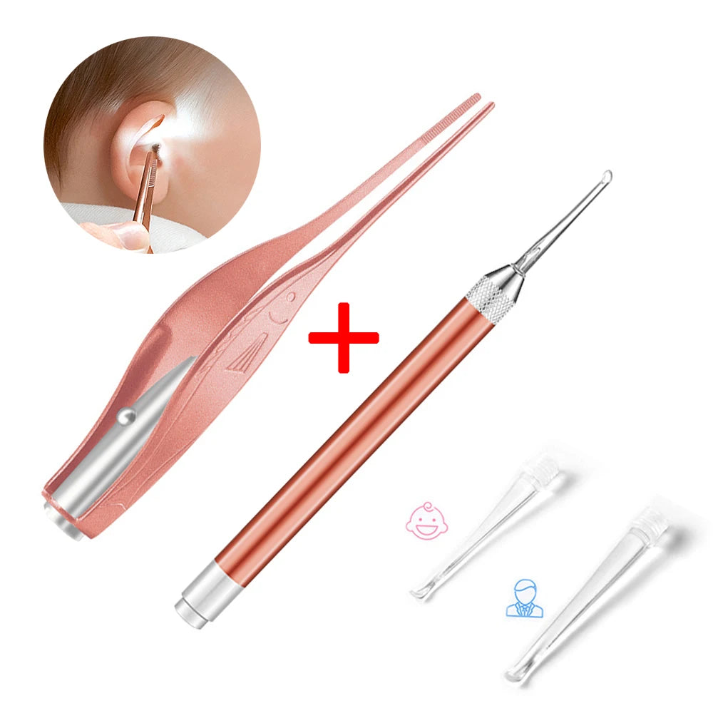 Baby Ear Cleaner Spoon LED Flash Light Ear Wax Curette Picker Visual Children Earpick Eer Wax Dig Remover Nose 2pc siliconespoon
